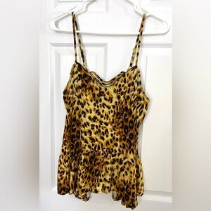 NWOT - Brown Leopard Sleeveless Peplum Blouse w/ Lace Up Detail in Back.